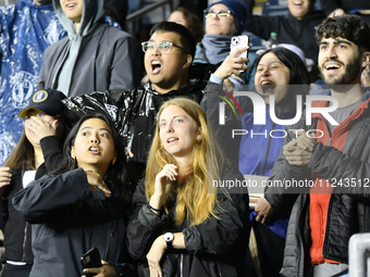 Philadelphia Union fans are reacting to a late offside shot on goal as Philadelphia Union is being defeated by New York City FC 1-2 at Subar...