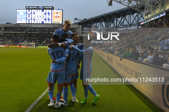 Teammates are celebrating after New York City Striker Alonso Martinez is scoring an early goal in the first half in the Philadelphia Union v...