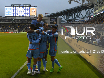 Teammates are celebrating after New York City Striker Alonso Martinez is scoring an early goal in the first half in the Philadelphia Union v...