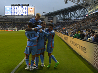 Teammates are celebrating after New York City Striker Alonso Martinez is scoring an early goal in the first half in the Philadelphia Union v...