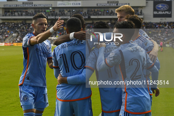 Teammates are celebrating after New York City Striker Alonso Martinez is scoring an early goal in the first half in the Philadelphia Union v...