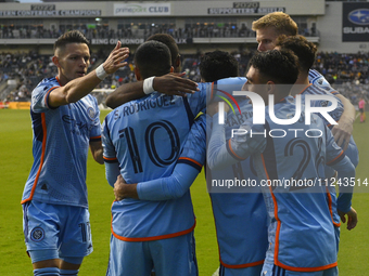 Teammates are celebrating after New York City Striker Alonso Martinez is scoring an early goal in the first half in the Philadelphia Union v...