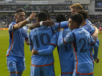 Teammates are celebrating after New York City Striker Alonso Martinez is scoring an early goal in the first half in the Philadelphia Union v...