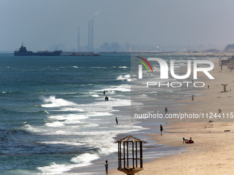 This picture is showing a view of a military ship in the Mediterranean Sea off the coast of the Gaza Strip on May 16, 2024. (