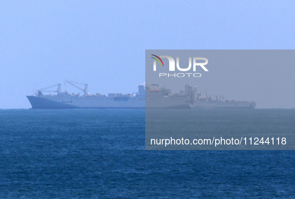 This picture is showing a view of a military ship in the Mediterranean Sea off the coast of the Gaza Strip on May 16, 2024. 