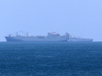 This picture is showing a view of a military ship in the Mediterranean Sea off the coast of the Gaza Strip on May 16, 2024. (