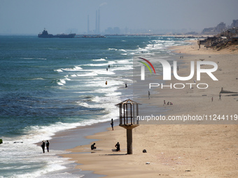 This picture is showing a view of a military ship in the Mediterranean Sea off the coast of the Gaza Strip on May 16, 2024. (