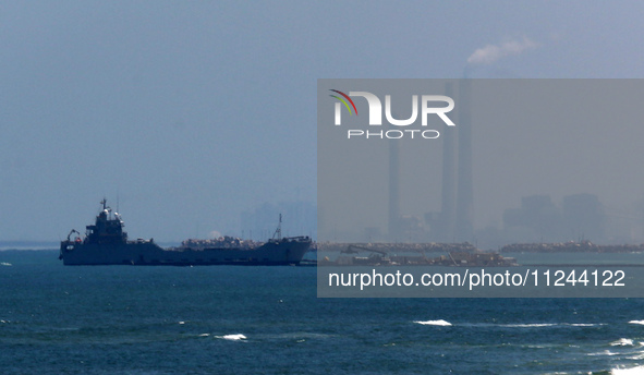 This picture is showing a view of a military ship in the Mediterranean Sea off the coast of the Gaza Strip on May 16, 2024. 