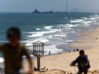 This picture is showing a view of a military ship in the Mediterranean Sea off the coast of the Gaza Strip on May 16, 2024. (