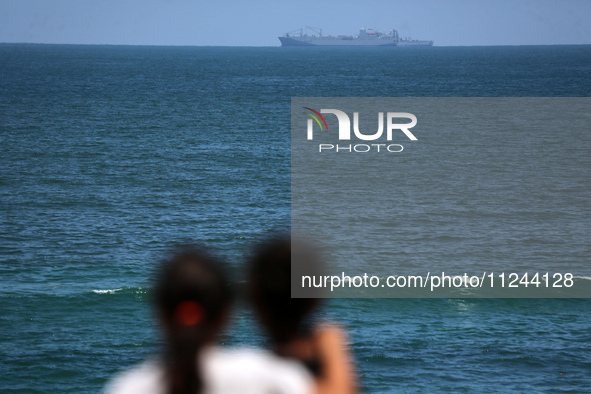 This picture is showing a view of a military ship in the Mediterranean Sea off the coast of the Gaza Strip on May 16, 2024. 