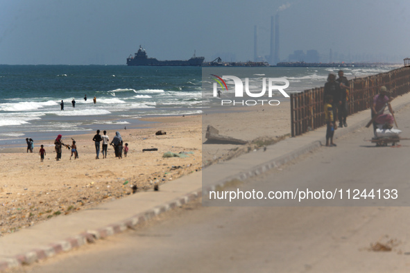 This picture is showing a view of a military ship in the Mediterranean Sea off the coast of the Gaza Strip on May 16, 2024. 