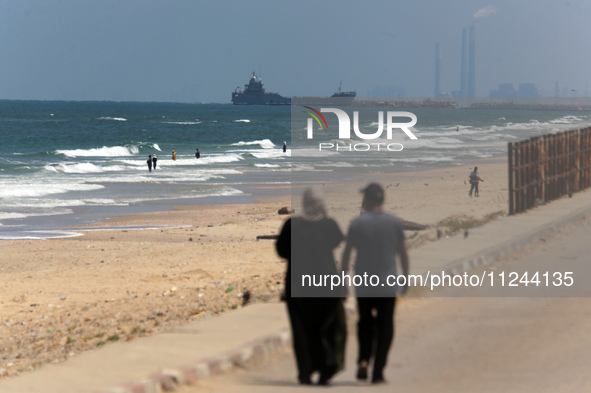 This picture is showing a view of a military ship in the Mediterranean Sea off the coast of the Gaza Strip on May 16, 2024. 