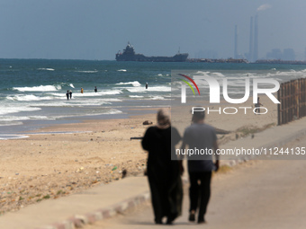 This picture is showing a view of a military ship in the Mediterranean Sea off the coast of the Gaza Strip on May 16, 2024. (