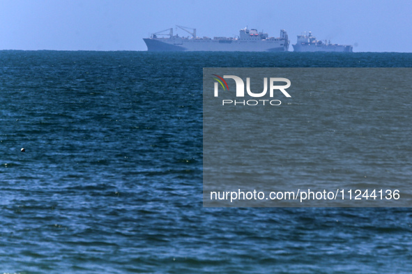 This picture is showing a view of a military ship in the Mediterranean Sea off the coast of the Gaza Strip on May 16, 2024. 