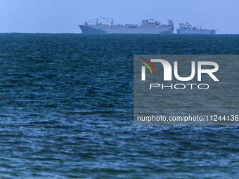 This picture is showing a view of a military ship in the Mediterranean Sea off the coast of the Gaza Strip on May 16, 2024. (