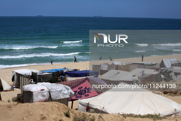 This picture is showing a view of a cargo freight ship in the Mediterranean Sea off the coast of the Gaza Strip, on May 16, 2024. 