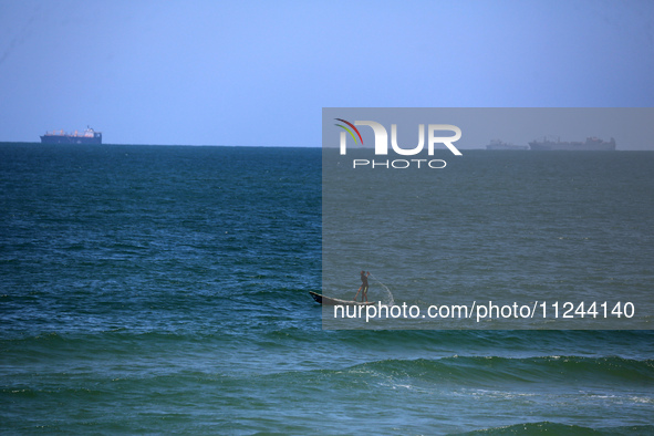 This picture is showing a view of a cargo freight ship in the Mediterranean Sea off the coast of the Gaza Strip, on May 16, 2024. 