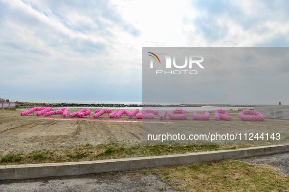 A ''Martinsicuro'' inscription made with pink balloons prior to the 107th Giro d'Italia 2024, Stage 12, a 193km stage from Martinsicuro to F...