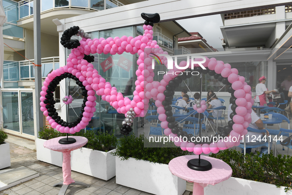 A pink bicycle made with pink and black balloons prior to the 107th Giro d'Italia 2024, Stage 12, a 193km stage from Martinsicuro to Fano is...