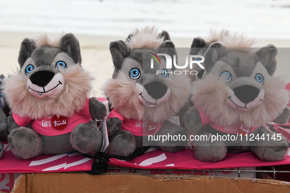 Giro d'Italia wolf mascots on a stand prior to the 107th Giro d'Italia 2024, Stage 12, a 207km stage from Martinsicuro to Fano is seen in Ma...