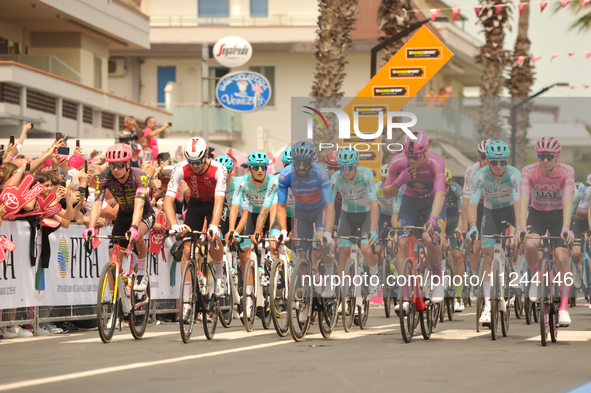 A general view of the peloton prior to the 107th Giro d'Italia 2024, Stage 12, a 193km stage from Martinsicuro to Fano is seen in Martinsicu...