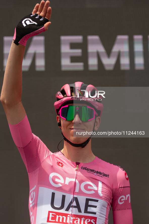 Tadej Pogacar of Slovenia and UAE Team Emirates - Pink Leader Jersey reacting prior to the 107th Giro d'Italia 2024, Stage 12, a 193km stage...