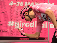 Tadej Pogacar of Slovenia and UAE Team Emirates - Pink Leader Jersey signing prior to the 107th Giro d'Italia 2024, Stage 12, a 193km stage...