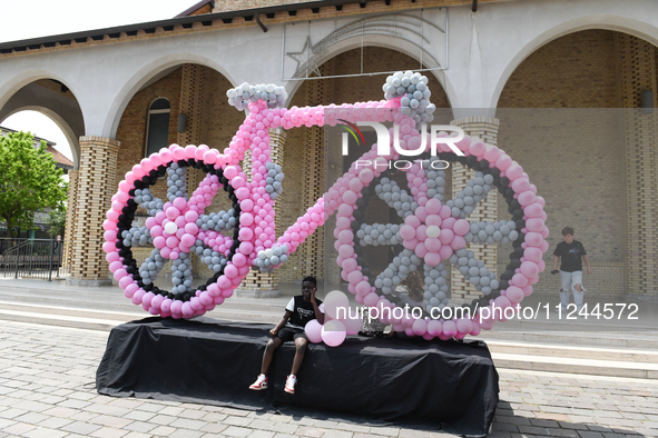 A pink bicycle made with pink and black balloons prior to the 107th Giro d'Italia 2024, Stage 12, a 193km stage from Martinsicuro to Fano is...