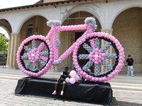 A pink bicycle made with pink and black balloons prior to the 107th Giro d'Italia 2024, Stage 12, a 193km stage from Martinsicuro to Fano is...