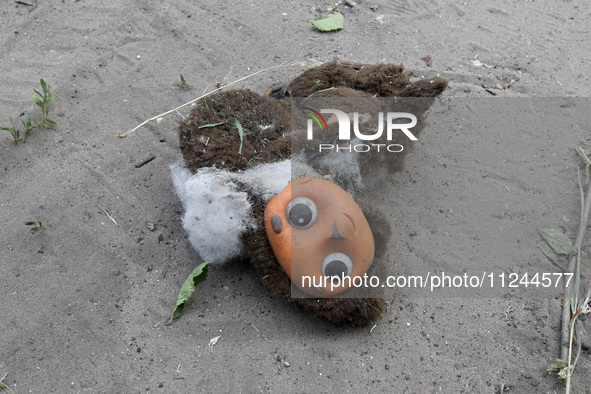 A torn Cheburashka toy is lying on the ground after a Russian rocket strike in Dnipro, Ukraine, on May 15, 2024. NO USE RUSSIA. NO USE BELAR...