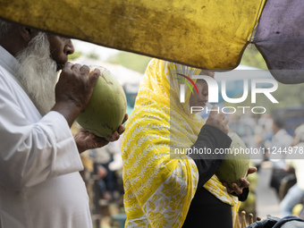 People are drinking coconut water along the roadside on a hot summer day in Guwahati, Assam, India, on May 16, 2024. Coconut water is natura...