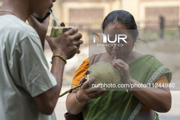 People are drinking coconut water along the roadside on a hot summer day in Guwahati, Assam, India, on May 16, 2024. Coconut water is natura...