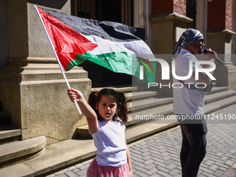 Protesters attend solidarity with Palestine demonstration in front of Jagiellonian University building in Krakow, Poland on May 15th, 2024....