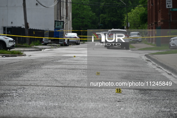 Shell casings are being found at the crime scene. A 26-year-old male victim is being injured in a shooting in Chicago, Illinois, United Stat...