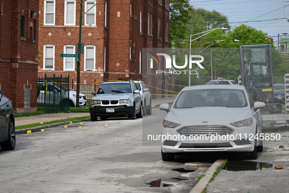 Shell casings are being found at the crime scene. A 26-year-old male victim is being injured in a shooting in Chicago, Illinois, United Stat...