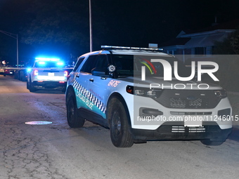 Police vehicles are at the crime scene on Thursday evening. A 29-year-old male victim is dying after being shot multiple times in Chicago, I...