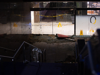 The entrance to Wells Fargo Plaza in Houston, Texas, is being damaged by 70-100 mph winds on May 16, 2024. (