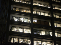 Many windows are being blown out of an office building at 1001 Louisiana Street in Houston, Texas, on May 16, 2024. (