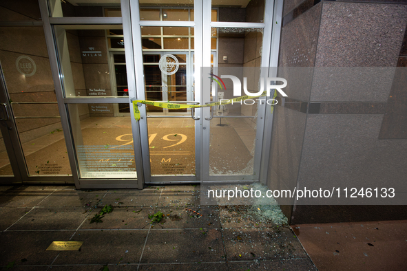 A glass door is being seen destroyed at 919 Milam St. after the storm in City, Country, on May 16, 2024. 