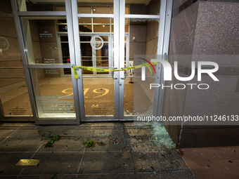 A glass door is being seen destroyed at 919 Milam St. after the storm in City, Country, on May 16, 2024. (