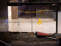 The entrance to Wells Fargo Plaza in Houston, Texas, is being damaged by 70-100mph winds on May 16, 2024. (