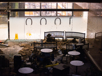 The entrance to Wells Fargo Plaza in Houston, Texas, is being damaged by 70-100mph winds on May 16, 2024. (