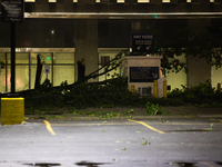 Fallen trees are lining the streets of downtown Houston, Texas, on May 16, 2024. (