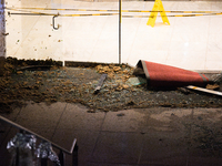 The entrance to Wells Fargo Plaza in Houston, Texas, is being damaged by 70-100 mph winds on May 16, 2024. (