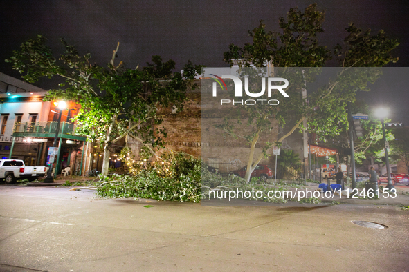 Fallen trees are lining the streets of downtown Houston, Texas, on May 16, 2024. 