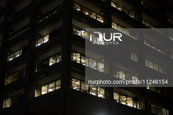 Many broken windows are being seen at 1001 Louisiana St. after the storm in Houston, Texas, on May 16, 2024. 