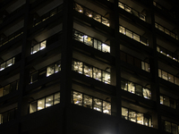 Many broken windows are being seen at 1001 Louisiana St. after the storm in Houston, Texas, on May 16, 2024. (