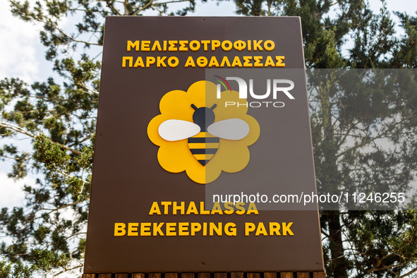 The sign at the entrance of the park is being seen first by visitors in Nicosia, Cyprus, on April 12, 2024. Bees are being considered a valu...