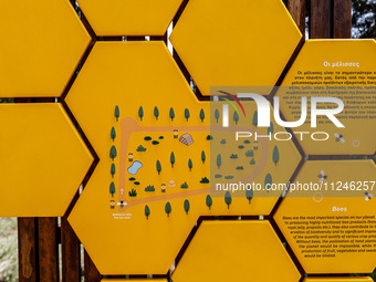 A map of the park is being seen at the entrance, giving information about the importance of bees for the ecosystem, in Nicosia, Cyprus, on A...