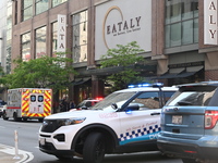 Police vehicles are blocking the roadway. There is a large police presence after an assault at Eataly Italian Restaurant in Chicago, Illinoi...